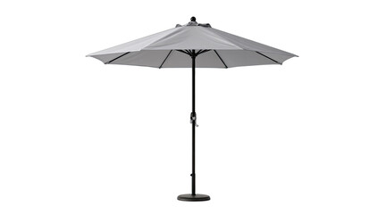 Open gray patio umbrella with dark pole and circular base