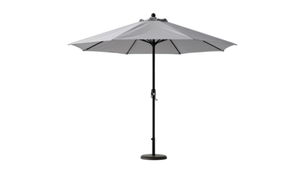 Open gray patio umbrella with dark pole and circular base