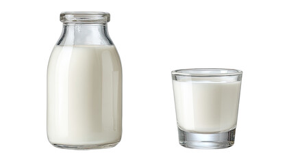 A clear glass bottle and glass filled with white milk