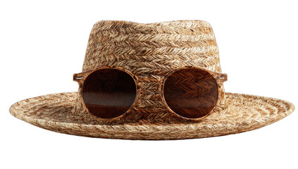 A woven straw hat with round, patterned sunglasses perched on its front