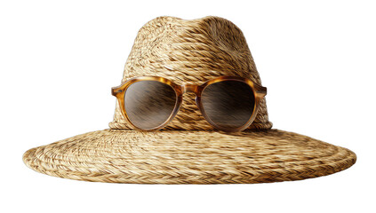 A woven straw hat with stylish sunglasses perched on its brim