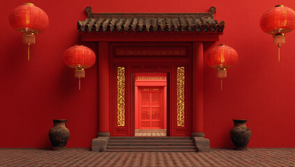 Traditional Chinese entrance with vibrant red walls, hanging lanterns, and ornate golden decorations, flanked by dark vases.