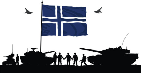 Iceland military illustration, silhouette soldiers, tanks and jets, defense concept art, Iceland flag background, alliance forces, war scene, national security design