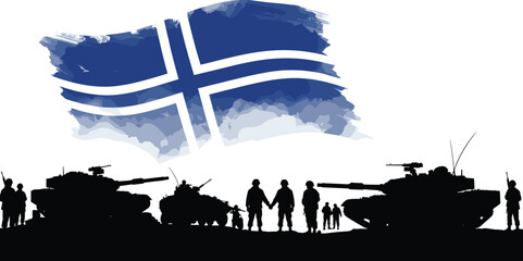 Iceland military illustration, silhouette soldiers, tanks and jets, defense concept art, Iceland flag background, alliance forces, war scene, national unity 