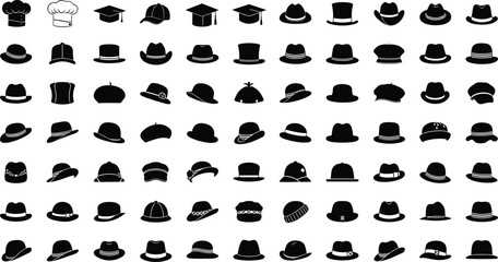 Large collection of various hat silhouettes including formal, casual, vintage, and modern headwear icons displayed in clean black vector style
