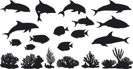 Marine life silhouettes, dolphin and fish illustration, underwater coral artwork, ocean wildlife design, aquatic ecosystem icons, sea animals, environmental nature, biology