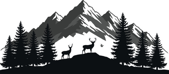 Majestic mountain landscape silhouette with deer, wildlife forest scene, conifer trees, snowy peaks, nature illustration, wilderness art, serene outdoor scenery