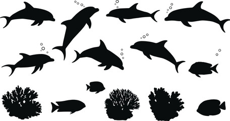 Marine life silhouettes, dolphin and fish illustration, underwater coral artwork, ocean wildlife design, aquatic ecosystem icons, sea animals, oceanography, nature