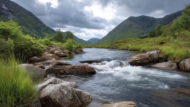 A breathtaking wide shot captures a wild river cascading over large, moss-covered rocks, creating mesmerizing white foam and turbulent ripples as it carves its path through a majestic valley. The fore