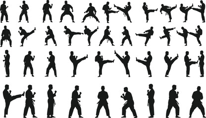 Martial arts silhouette collection, dynamic karate and kickboxing action poses, training movement figures for combat sport, fitness illustration, self-defense 