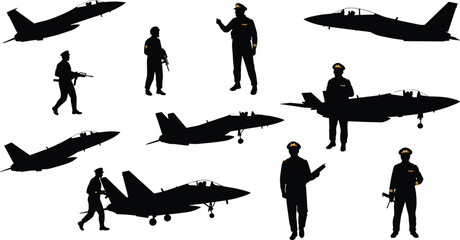Military pilots and jet fighter silhouettes, aviation crew illustration, air force soldiers, modern aircraft design, armed personnel vector art