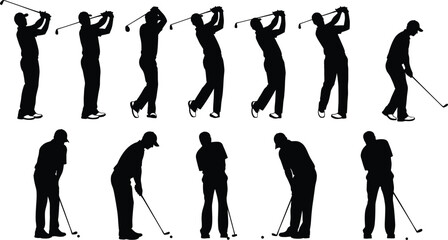 Golfer silhouette sequence showing complete swing motion, stance positions, putting technique, athletic movement and professional sports action for training illustrations