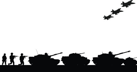 Military silhouette illustration, army tanks, fighter jets formation, soldiers marching, war concept art, defense forces, battle scene, black silhouette design