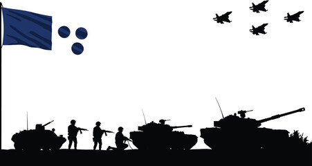 Military silhouette illustration, army tanks, fighter jets formation, soldiers marching, war concept art, defense forces, national flag, battle scene design
