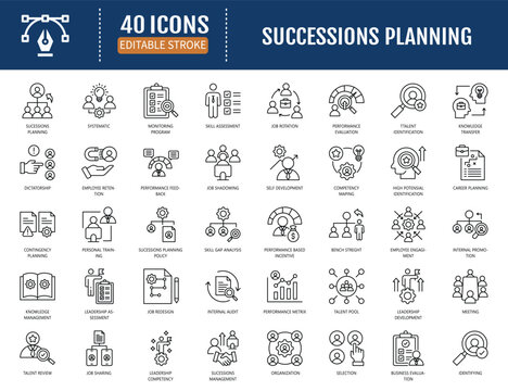 Succession planning icon set. Includes talent
identification, skill assessment, performance
evaluation, career path, job rotation and more.
Vector illustration with editable strokes