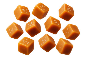 Salted caramel cubes falling, a delicious sweet confectionery treat with sea salt flakes, food on a transparent background