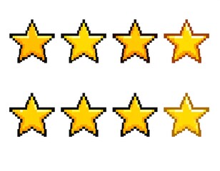 Pixelated array of eight golden star icons, isolated on white
