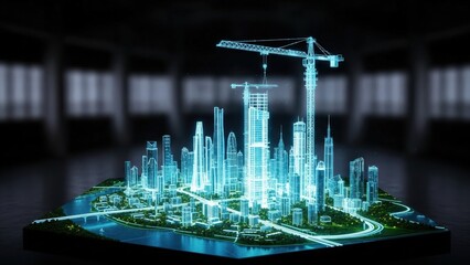 Futuristic city construction with glowing blue hologram and crane