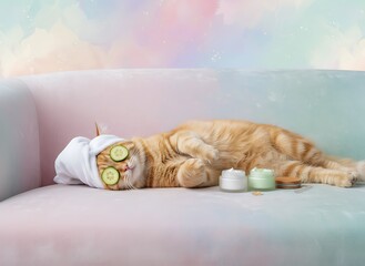 Relaxed ginger cat at spa, with cucumber slices and beauty products