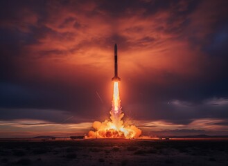 Rocket launch ascending to sky during a dramatic sunset
