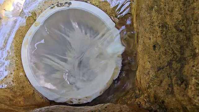 Water flushing down drainpipe creating swirling vortex