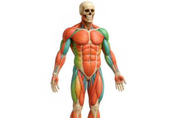 Human body anatomy showing skeletal system and multi-colored muscles, front view, biological illustration