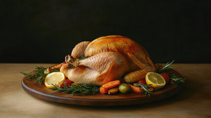 Golden roasted whole chicken on a rustic wooden platter, surrounded by fresh rosemary, lemon slices, and roasted vegetables under warm, natural light