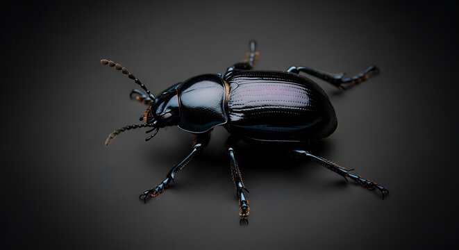 Close up perspective of a dark iridescent insect specimen on a monochromatic background