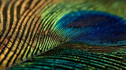 Close-up of a peacock feather showing intricate patterns and vibrant colors.