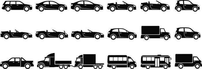 Vehicle silhouette icon collection, cars, convertibles, trucks, buses, vans, transportation symbols, solid black vector illustrations for automotive design and commercial usage