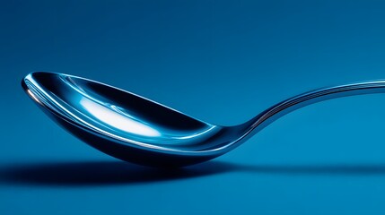 Close-up of a shiny metal spoon on blue background.