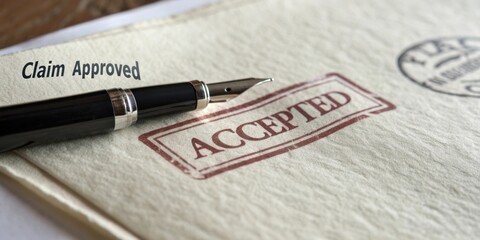 Approved Claim Document with Fountain Pen and Acceptance Stamp on Beige Paper for Business and Legal Use