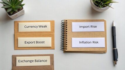 Analysis of Economic Factors with Labels on Notepad, Financial Planning Concept with Green Plants and Pen