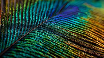 Close-up of a vibrant peacock feather displaying iridescent colors and intricate patterns.
