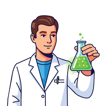 A scientist in a lab coat holds a beaker with green liquid, some bubbles are floating