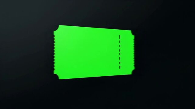 A bright green ticket with a perforated edge and dashed line, isolated on a dark background.