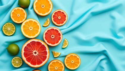 Colorful Citrus Slices Flowing Aquamarine Background