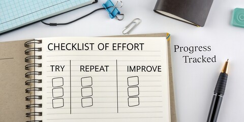 Checklist of Effort with Try, Repeat, Improve Sections for Tracking Progress in a Notebook Setting