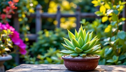Vibrant Succulent Rustic Wooden Surface Sunlit Garden