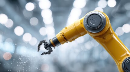 Giant yellow robotic arm with intricate details, showcasing advanced technology in an industrial setting, emphasizing innovation and precision in assembly