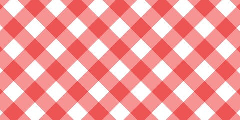 Fototapeta premium Seamless red and pink gingham checkered pattern background, picnic tablecloth style, geometric diagonal squares, cute pastel fabric texture for wallpaper, textile, wrapping paper, and design.