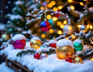 Festive Winter Scene with Snowy Evergreen and Holiday Decor