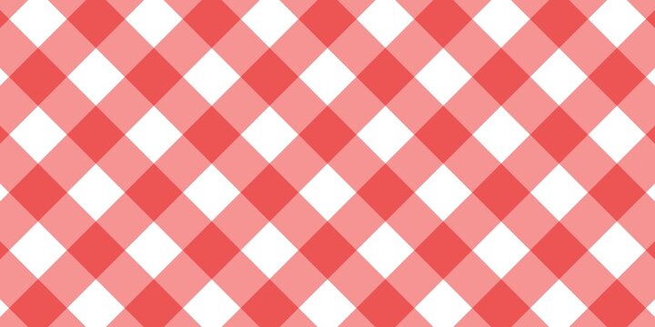 Seamless red and pink gingham checkered pattern background, picnic tablecloth style, geometric diagonal squares, cute pastel fabric texture for wallpaper, textile, wrapping paper, and design.