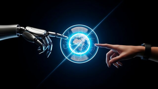 A robotic hand and a human hand touching a glowing blue globe icon on a dark background with futuristic technology - Powered by Adobe