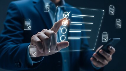 Businessman interacting with futuristic digital interface on transparent screen with icons