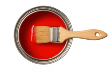 Red paint can and paintbrush, preparing for home renovation, diy painting project, transparent background