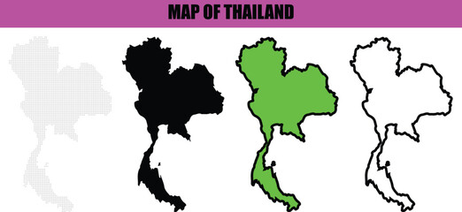Obraz premium Modern Minimal Thailand Map Illustration with Silhouette, Line Art and Dot Style, Clean Geographic Outline on White Background for Digital and Print. Thailand Map Black and White Silhouette