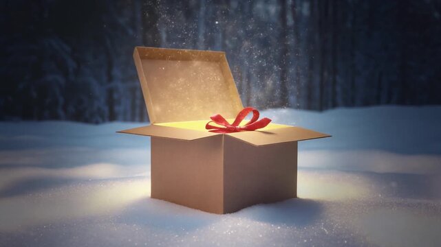 Kraft Box on Snowy Ground. Gift box with sparkling light. A square brown kraft gift box with a simple red ribbon standing half-open on a fresh snow patch featuring a soft warm yellow radiant light.
