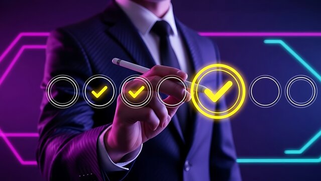 Businessman in a suit interacting with a digital interface with checkmarks - Powered by Adobe