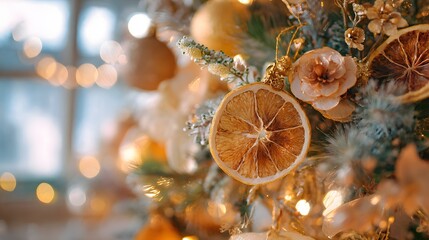 Close-up of Christmas Tree with Dried Orange Slice Ornaments and Lights.